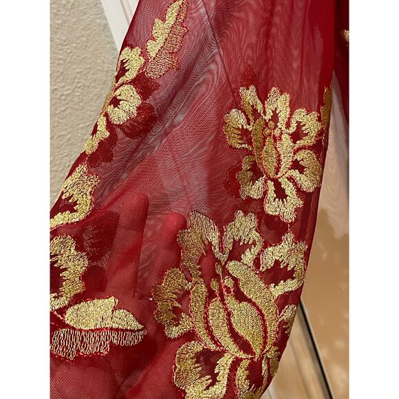 ALFANI PETITES Red Sheer Poet Sleeve Floral Blouse Size Large - Picture 4 of 5